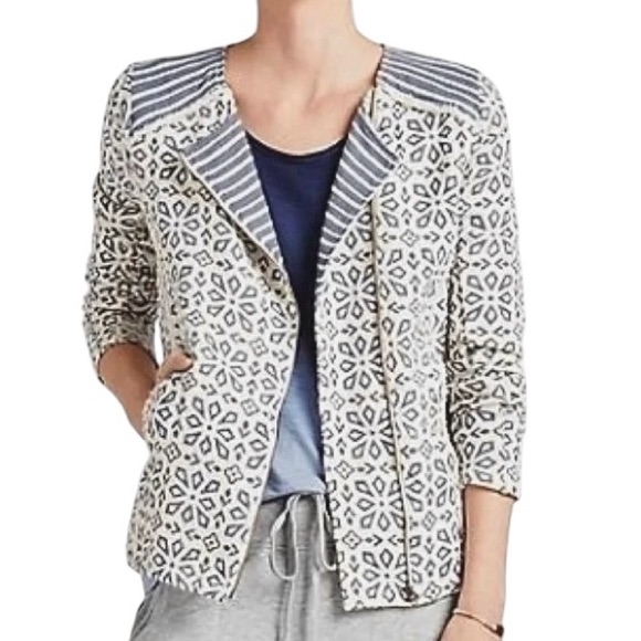 Lucky Brand Geometric Cotton Asymmetrical Zip Moto Jacket Cream Blue Size Medium